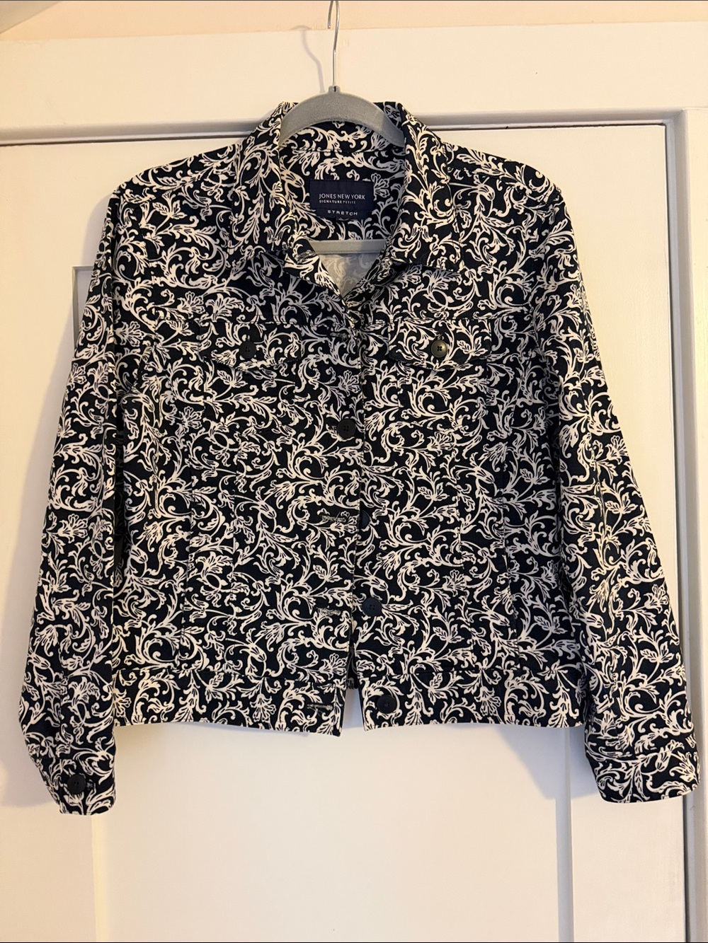 Jones New York Signature Stretch Print Jacket Black Ivory Petite M